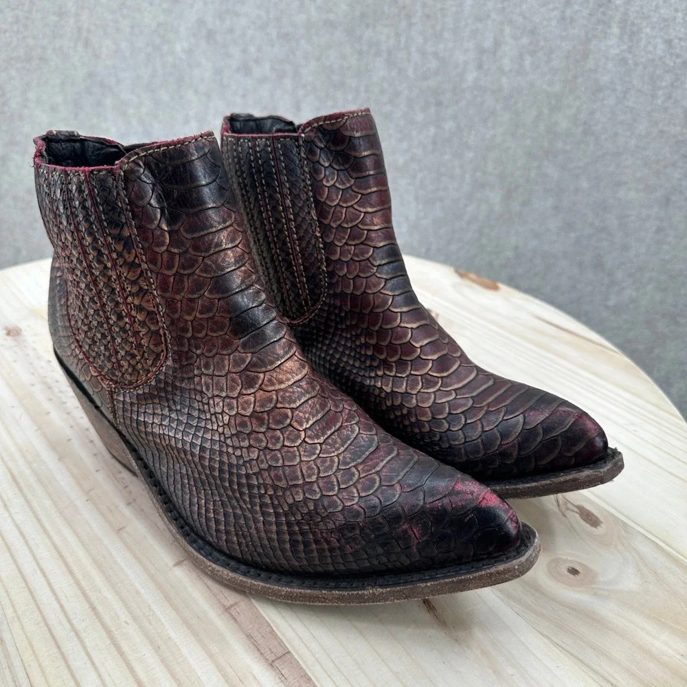 Snakeskin Embossed Ankle Boots Womens 9 Copper Leather Western Point Toe